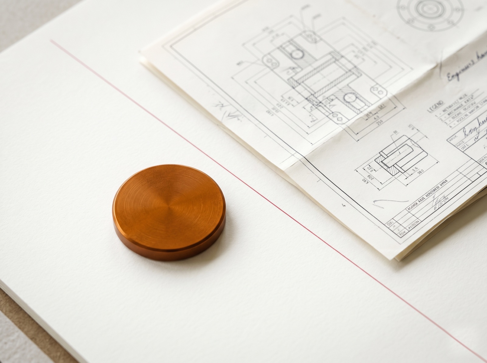 Solid amber cast-metal token on cream paper beside a folded technical blueprint, the Raigate engineering archetype