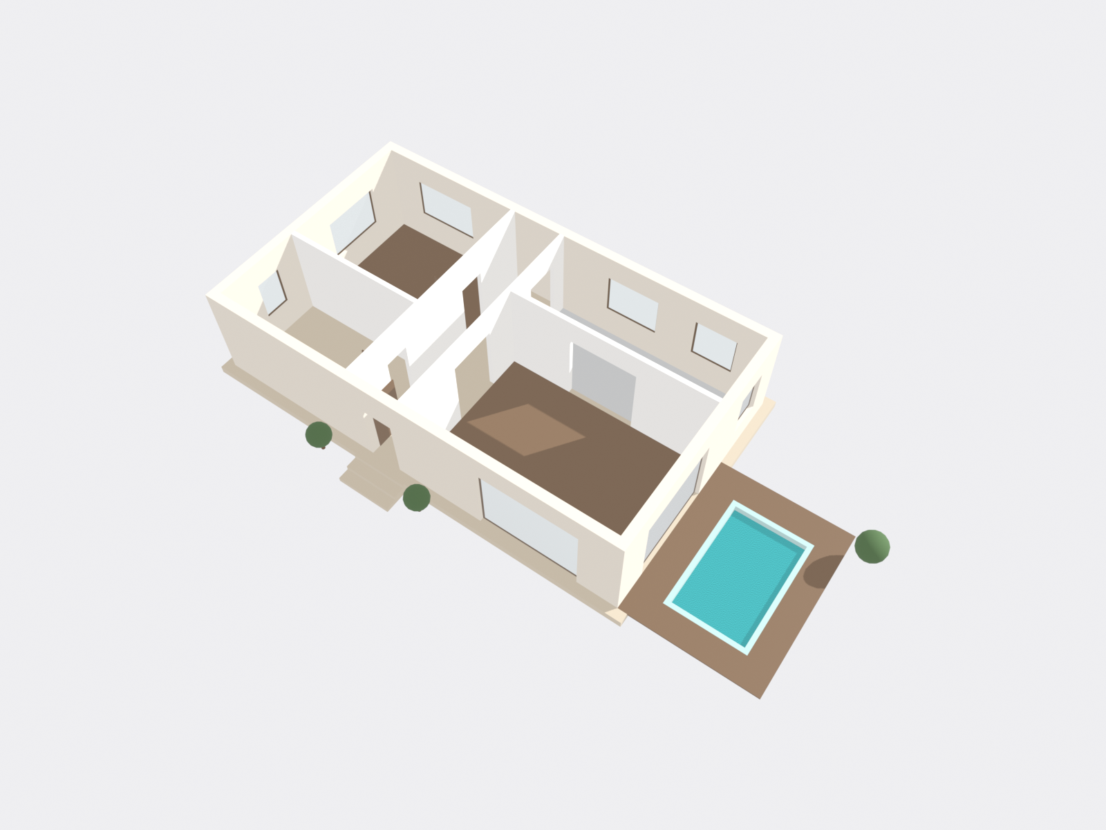 Rotatable 3D model of the fictional Pavilion Al Sufouh, a single-storey beach pavilion with a flat roof, deep south overhang and a pool terrace
