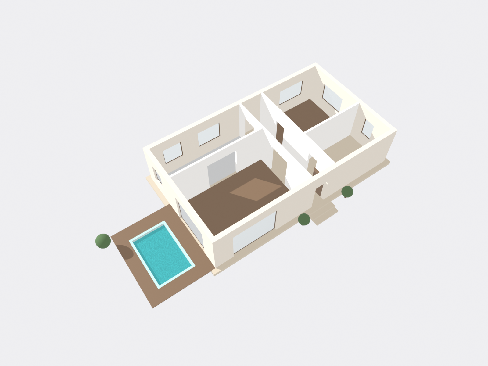 Rotatable 3D model of the fictional Pavilion Al Sufouh, a single-storey beach pavilion with a flat roof, deep south overhang and a pool terrace