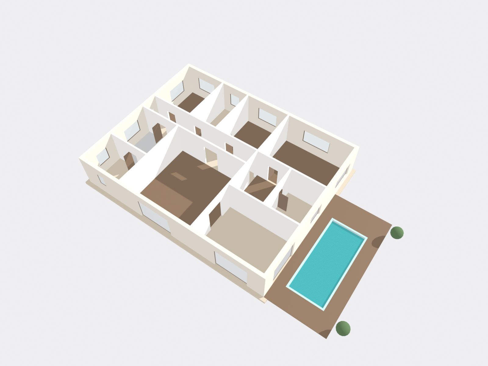 Rotatable 3D model of the fictional Villa Al Barari, a single-storey family villa with a three-banded layout and an east-facing pool terrace