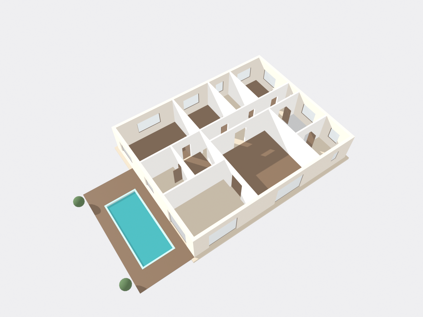 Rotatable 3D model of the fictional Villa Al Barari, a single-storey family villa with a three-banded layout and an east-facing pool terrace